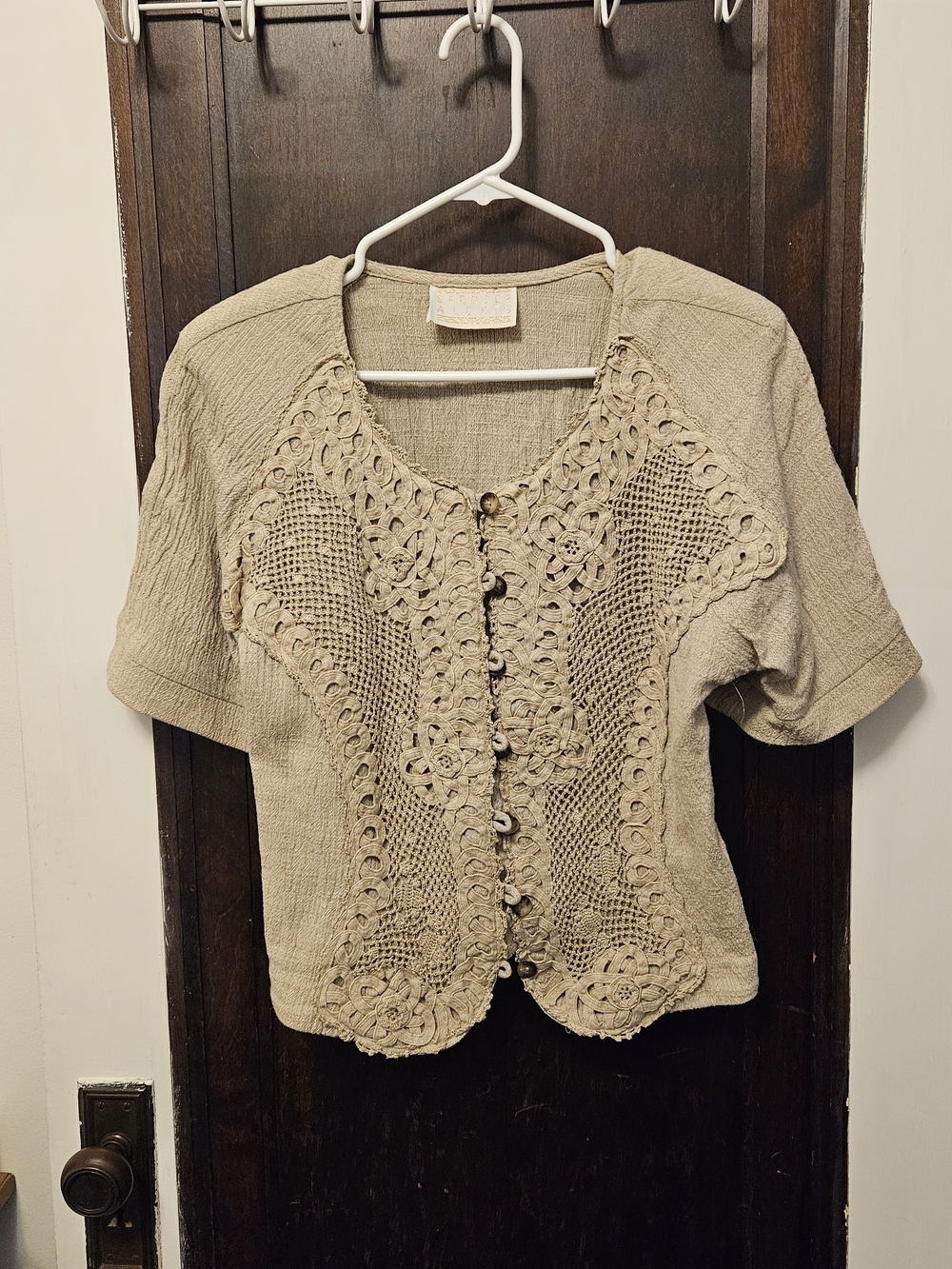 Crochet Front Button-Down Short Sleeve Top - Beige